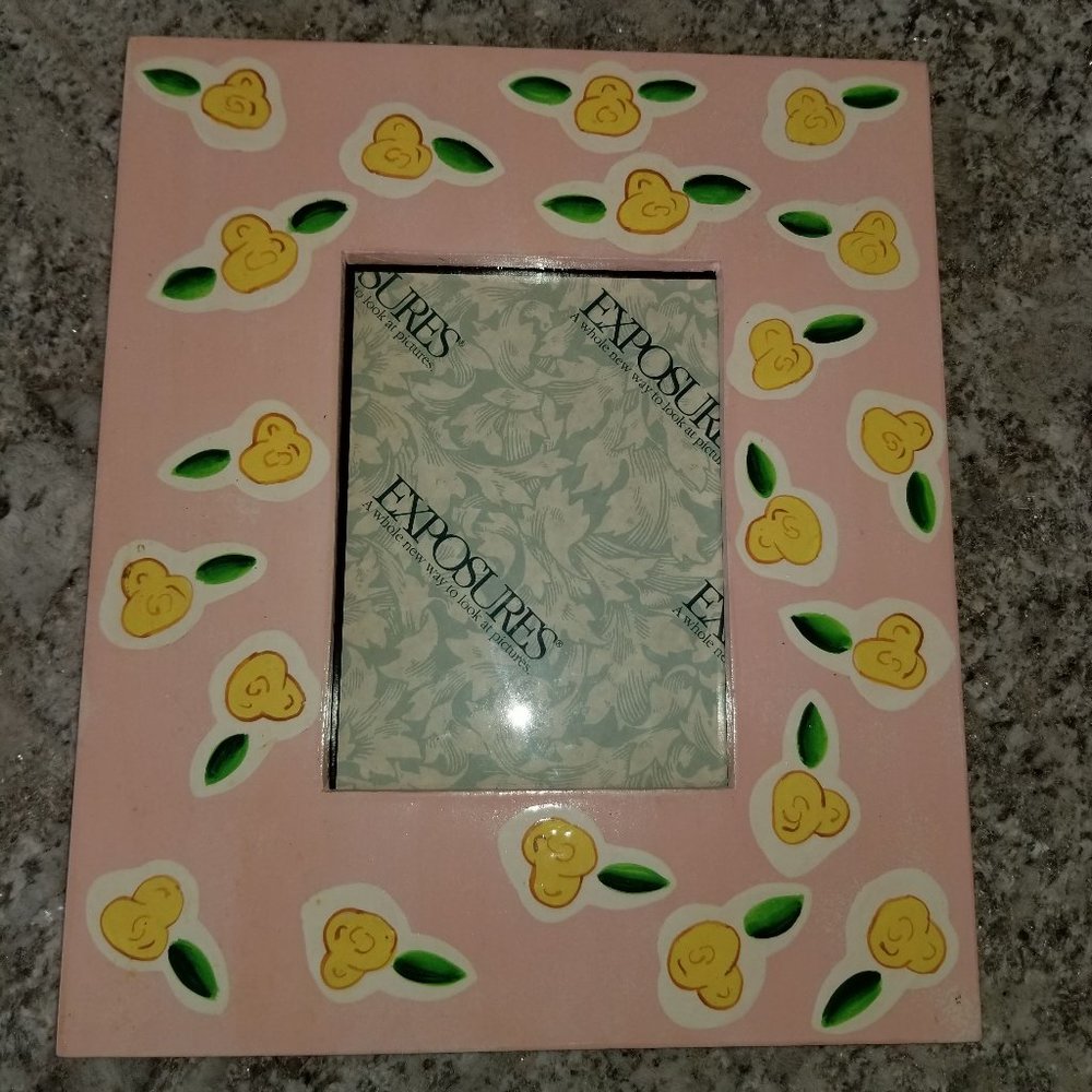 Pink with Yellow Flowers Painted Wooden Standing Picture Frame for 5 x 7 Photo